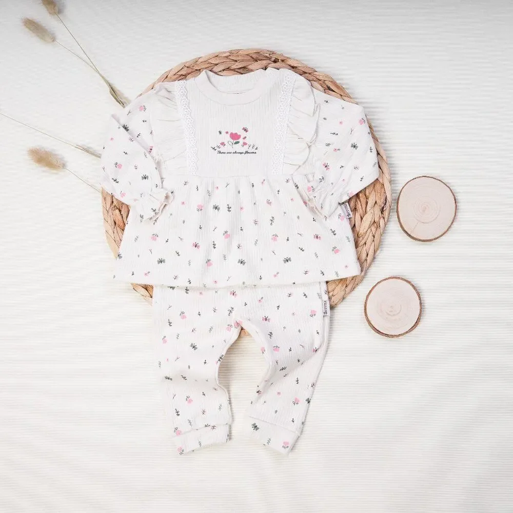 Ribbed Cotton Baby Girl Tunic Set - Flowers CREAM